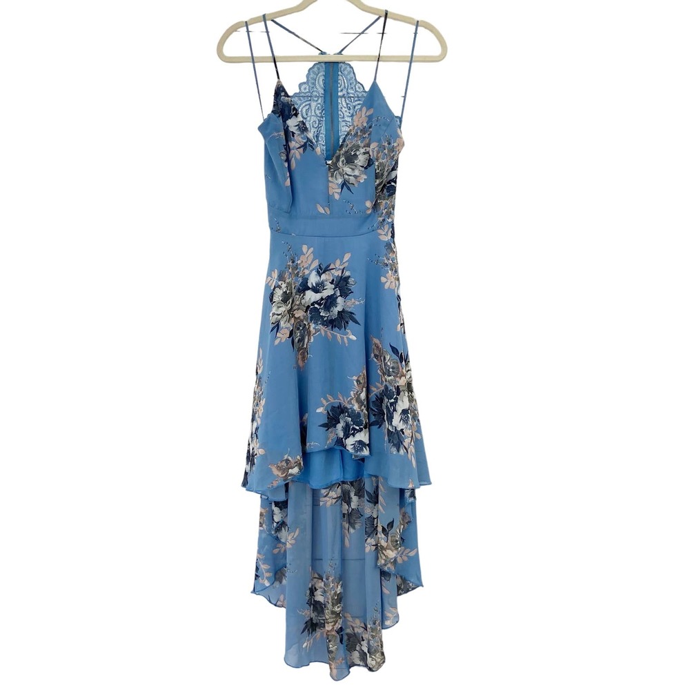 Windsor S Blue Floral Lace Open Back High Low Flowy Dress